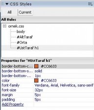 Dreamweaver CSS styles paneli liste görünümü