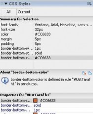 Dreamweaver CSS styles paneli current sekmesi
görünümü