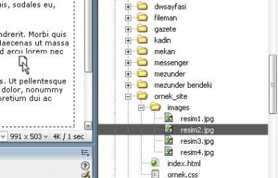 Dreamweaver Files panelinden resimleri sürükle
bırak yöntemiyle sayfanıza ekleyebilirsiiz