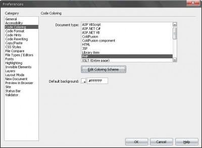 Dreamweaver Kod renklendirme ayarları