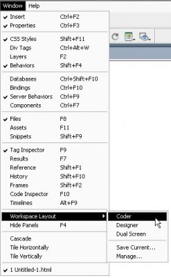 Dreamweaver Window / Workplace Layout menüsü ile ara yüzü yapılandırabilirsiniz