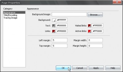 Modify / Page Properties menüsü ile sayfa ayarları iletişim penceresine ulaşabilirsiniz